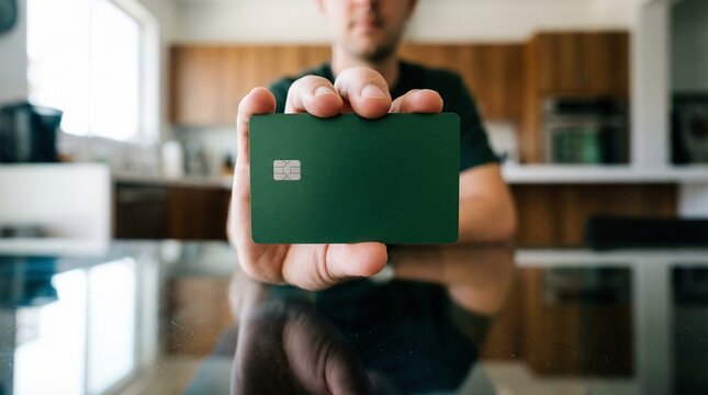Hand holding a credit card above a utilities subscription autopay webpage with the users face and room softly blurred in the background. 
