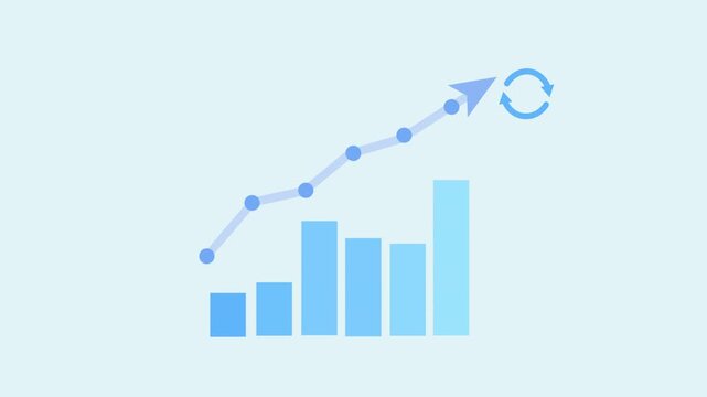 Animated bar chart with upward trend line and refresh arrow symbol on clean background, representing system update, data synchronization, and continuous performance improvement.