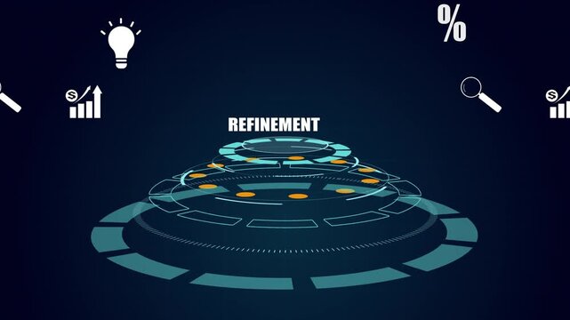 Advanced data refinement process, Futuristic HUD interface with glowing nodes, Strategic business improvement and quality enhancement dashboard.