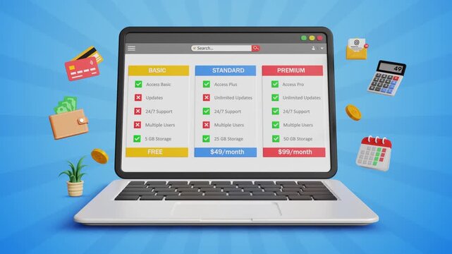 Pricing Plans, Plan Comparison, Recurring Billing, Customer Purchasing Plans, Membership Choices, Secure Payments, User Sign Up, SaaS Concept. Subscription Page Design on Laptop. 4K 3D Video