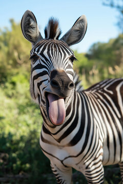 animal by ai, zebra showing tongue, funny expression, looking into camera, natural setting, photorealistic