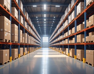 Fototapeta premium A large, long logistics warehouse filled with boxes, parcels and merchandise, Generative AI