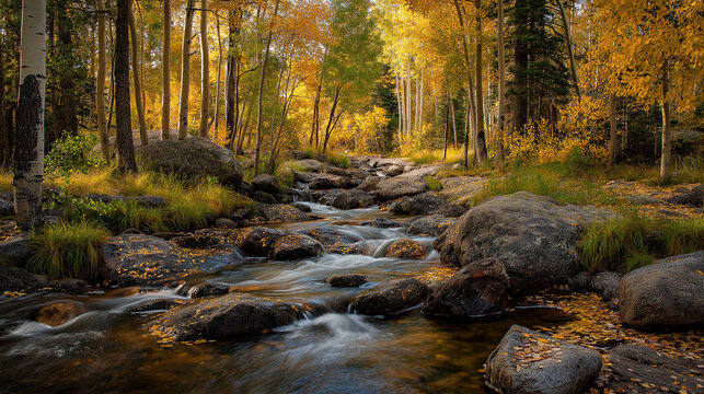 A clear mountain creek tumbling over smooth rounded boulders through a grove of aspens at peak autumn color