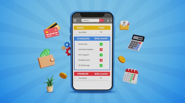 Pricing Plans, Plan Comparison, Recurring Billing, Customer Purchasing Plans, Membership Choices, Secure Payments, User Sign Up, SaaS Concept. Subscription Page Design on Mobile. 4K 3D Video