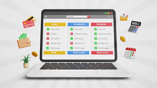 User Comparing Pricing Plans. Subscription Tier. SaaS Signup Concept. Membership Upgrade, Plans Comparison, Billing And Best Value Concept. Subscription Plans Dashboard on Laptop. 4K 3D Video