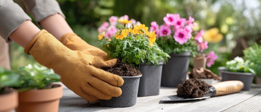Hands working in a sunny garden planting flowers in pots with tools, gloves, and seedlings on a table in close-up view