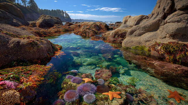 A complex rocky shoreline at extreme low tide revealing a miniature world of colorful tide pools filled with vivid purple sea urchins