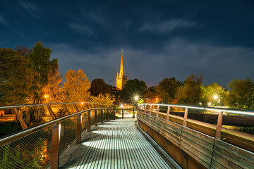 Night view of Norwich cathedral tower. England