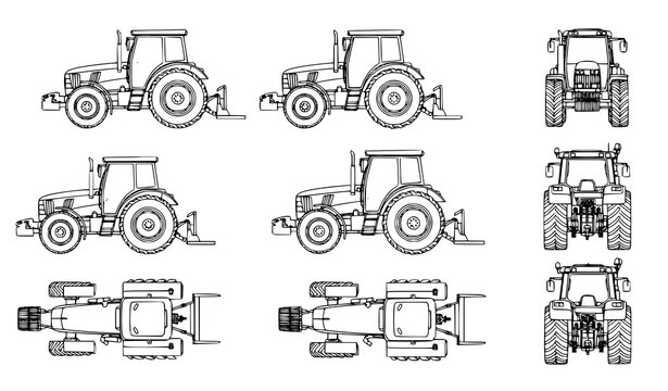 Tractor vector line contour set side front back top bottom views isolated
