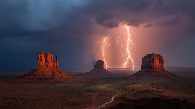 A dramatic summer monsoon lightning storm erupting over the iconic sandstone buttes of Monument Valley