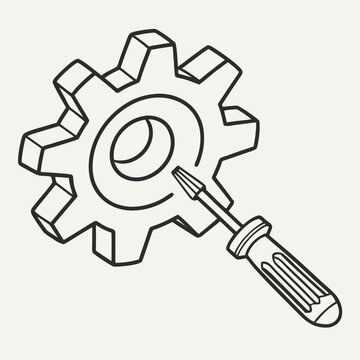 Mechanical maintenance illustration featuring isometric gear wheel being adjusted or repaired with phillips head screwdriver tool for machine fixing