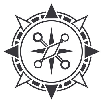 Compass rose with interconnected circles and rhombus shape, representing direction, exploration, and network connectivity, abstract symbol for guidance and pathfinding