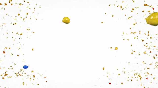 Colorful paint splashes collide in dynamic motion, creating vibrant patterns on white background
