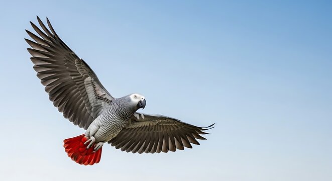 A graceful African Grey Parrot with striking red tail feathers soars effortlessly across a clear blue sky.