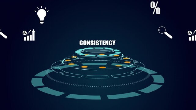 Business consistency and reliability concept, Futuristic HUD interface with data processing nodes, Glowing consistency text on digital background.