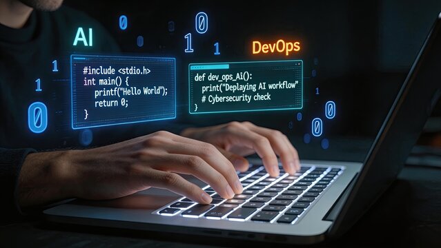 Developer typing on laptop keyboard with holographic AI and DevOps interface coding software deployment cybersecurity check programming technology futuristic digital workspace
