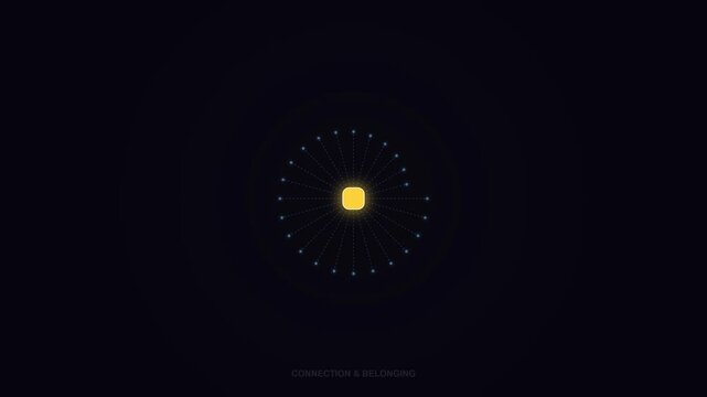 A bright yellow dot appears in the center of a circle on a black background with light blue dots.