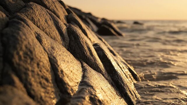 Close up of weathered coastal rocks at sunset with gentle ocean waves lapping the shore, warm golden light highlighting textures, serene nature scene