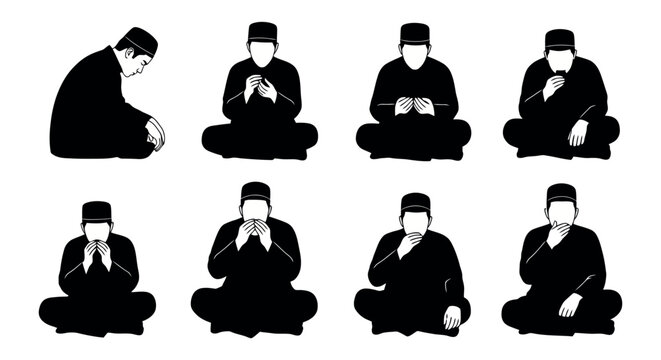 Set of muslim man praying with hands raised in dua