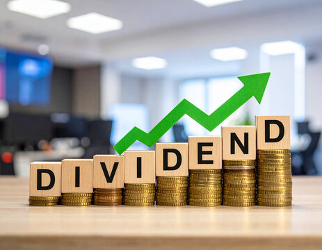 Holzklötze bilden das Wort "Dividend" auf Münzstapel , mit einen steigenden grünen Pfeil.