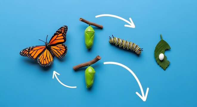 The complete life cycle of a monarch butterfly is vividly depicted with an egg, caterpillar, chrysalis, and adult butterfly, connected by white arrows on a bright blue background.
