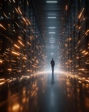 Data Center Silhouette: A lone figure walks confidently through a vast, futuristic data center, surrounded by the glowing energy of data streams and servers.