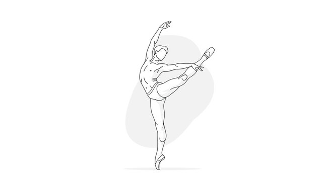 Dynamic line drawing illustrates a male ballet dancer performing an athletic leg extension against a subtle grey background.
