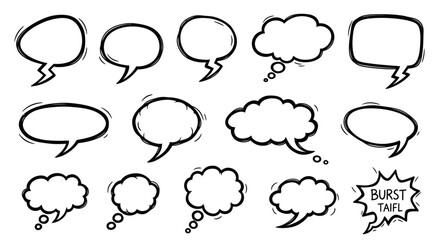 Fototapeta premium Diverse collection of outline speech bubbles, thought bubbles, and an explosion burst bubble, illustrating various forms of communication and sudden exclamations on isolated white background.