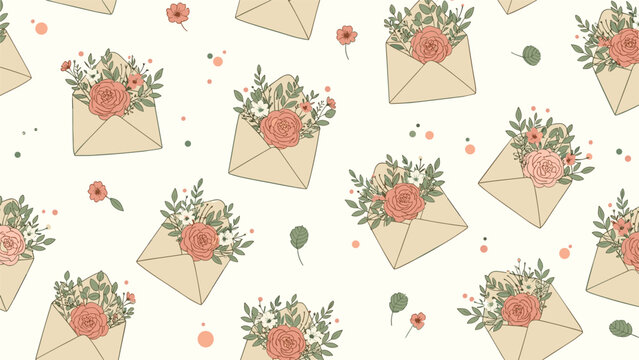 Romantic seamless pattern depicts vintage style envelopes overflowing with beautiful red and white roses and lush green foliage on cream.