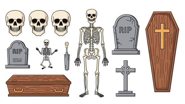 Spooky collection of Halloween icons features skeletons, skulls, gravestones with RIP text, and wooden coffins for festive seasonal decor.