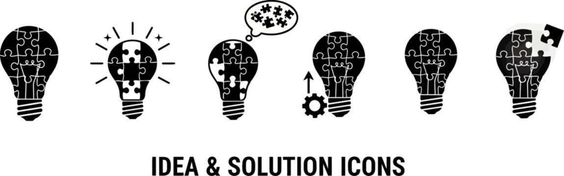 Six black lightbulb puzzle pieces icons for creative problem solving and innovation ideas