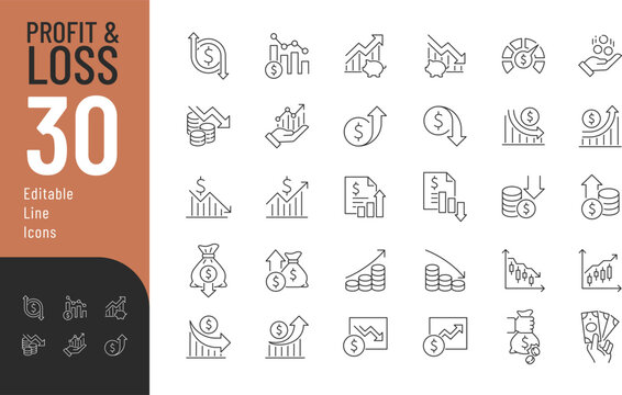 Profit and Loss Line Editable Icons set. Vector illustration in modern thin style of finance related icons: increase, decrease, income, falling, and more. Isolated on transparent background.