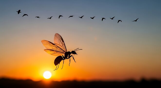A large winged ant soars through the air against a vibrant sunset, with a distant flock of birds.