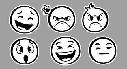 Fototapeta premium Cartoon Emoticons Displaying Diverse Emotions on Grey Background