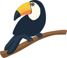 Obraz premium A clean flat vector illustration of a toucan sitting on a branch with a large colorful beak and minimal design