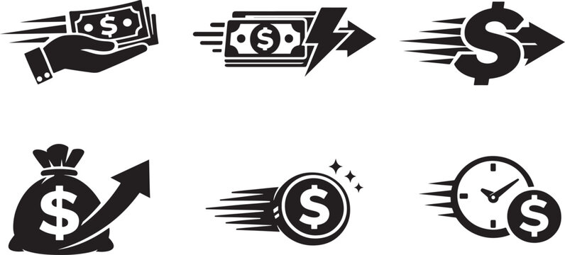 Instant payment icon set with fast money transfer and fintech symbols isolated