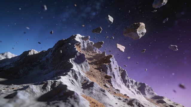 Close-up of synthetic heightmap mountain terrain crumbling into floating zero-gravity debris field with soft directional light