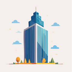 Fototapeta premium Modern Tall Skyscraper Building with Autumn Trees and Clouds - Architectural Illustration