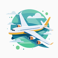 Fototapeta premium Modern vector illustration of an airplane in mid-flight soaring through abstract clouds