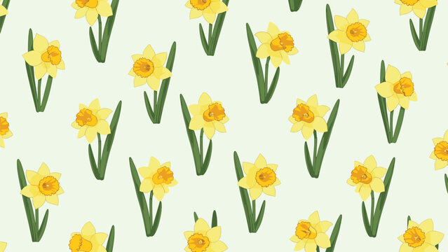 Spring daffodil seamless pattern featuring yellow narcissus flowers with green stems on a soft pale green background for fabrics.