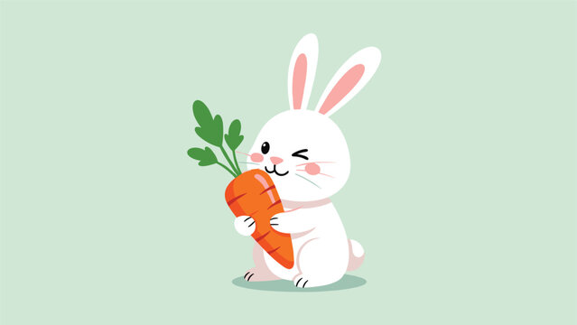 Adorable white bunny winking and holding a giant orange carrot on a mint green background for Easter and children designs.