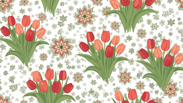 Romantic seamless floral pattern with bouquets of red and pink tulips and delicate small flowers on a light cream background.