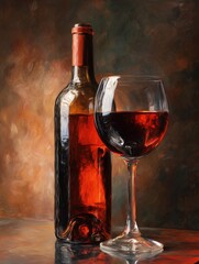 Fototapeta premium Bottle of Wine and Glass of Red Wine on a Table With a Blurred Background