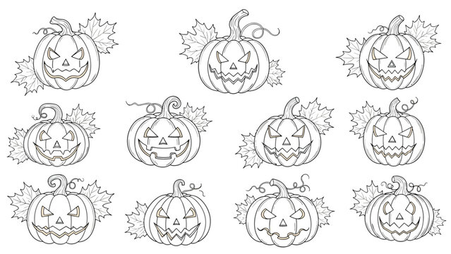 Set of spooky jack-o-lantern pumpkin faces in black and white line art with autumn maple leaves for Halloween decorations.