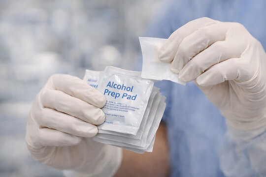Medical Professional Holding Alcohol Prep Pads for Skin Disinfection Hygiene and Infection Prevention in Clinical Setting