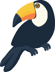 Obraz premium A flat vector illustration of a colorful toucan perched on a branch, featuring a large yellow and orange beak and dark body.