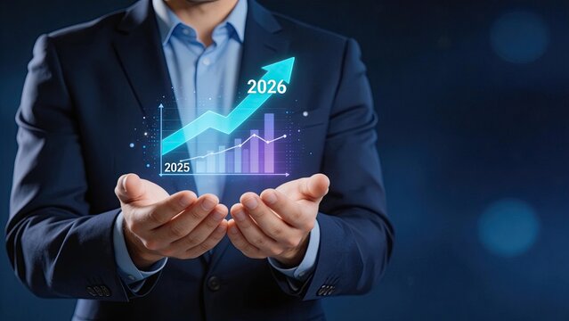 Businessman holding hologram growth chart 2025 to 2026 financial success concept corporate strategy future planning economic development digital data visualization investment