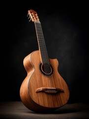 Naklejka premium Guitar Stands on a Table With Soft Lighting Highlighting Its Details and Craftsmanship