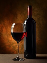 Fototapeta premium Red Wine in a Glass Next to a Wine Bottle on a Table With a Warm Background