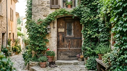 Fototapeta premium A quaint, stone-walled village street with a rustic wooden door adorned with ivy and flowers, set against a backdrop of other stone buildings and greenery.